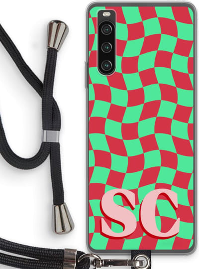 Gepersonaliseerd - Case Company® - Hoesje met koord geschikt voor Sony Xperia 10 IV hoesje met Koord - Grid Monogram - Telefoonhoesje met Zwart Koord - Bescherming aan alle Kanten en Over de Schermrand