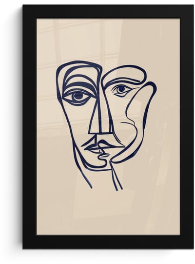 Poster in lijst - Fotolijst 20x30 cm - Posters - Minimalistisch - Lijnillustratie - Beige - Donkerblauw - Posterlijst zwart - Decoratie - Wanddecoratie woonkamer - Muurdecoratie slaapkamer