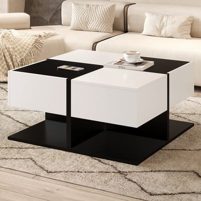 DESMIU Salontafel Zwart Wit Met 2 Laden En Verborgen Opbergruimte Voor Woonkamer En Interieur Van Spaanplaat 70 x 70 x 35,5 Cm