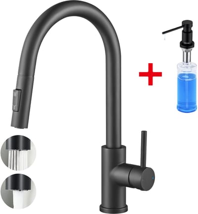CECIPA max Keukenkraan Met Uittrekbare Uitloop - Met Zeepdispenser 300ML - Handdouche - 2 straalsoorten- -360° Draaibaar - RVS- Flexibele Slang - Zwart