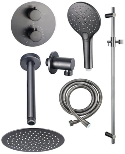 FugaFlow Eccelente Acces Inbouw Regendoucheset - rond - thermostatisch - plafondarm - glijstang - 25cm hoofddouche - ronde handdouche - metalen doucheslang - Geborsteld Gunmetal PVD