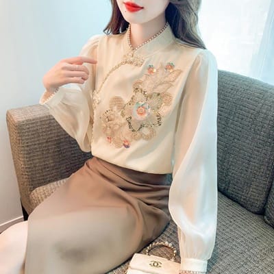 Cheongsam Gemodificeerd Shirt met Lange Mouwen voor Dames In Lente Nieuw Zware Industrie Dunne Parelmoer Top 2XL beige