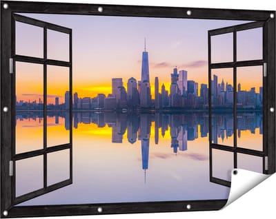 Gards Tuinposter Doorkijk New York Skyline bij Zonsopgang - 120x80 cm - Tuindoek - Tuindecoratie - Wanddecoratie buiten - Tuinschilderij