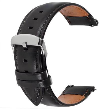 Innerlight® Leather+ Smartwatchbandje 20mm - Zwart/Zilver Lederen smartwatchbandje - Leren Horlogebandje geschikt voor Samsung Galaxy Watch 7 / 6 / 5 / Pro / 4 / 3 / Active 2 - Polar Ignite / Unite – Huawei
