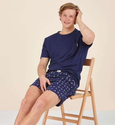 Little Label - korte pyjama heren - donkerblauw palm - XL / 52-54 - extra zachte bio-katoen