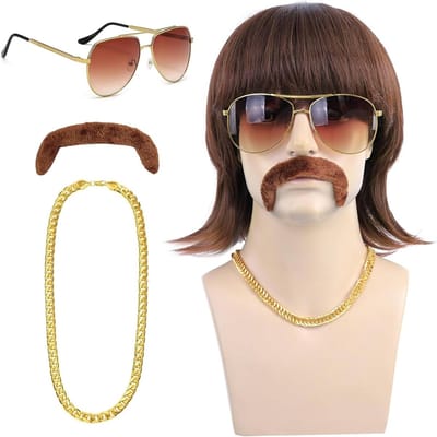 80s kostuumset voor mannen met 5 delen - Vokuhila pruik, accessoires voor carnaval, disco en punkstijl