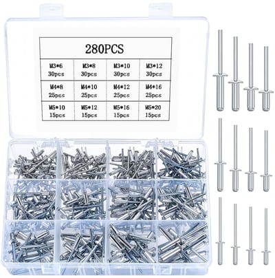 Dailygoods- Blindklinknagels 280 Stuks - Aluminium Klinknagels - Popklinknagels met Flens - Klinknagels voor Metaal/Hout/Kunststof - Hoogwaardig Koolstofstaal - Lange Houdbaarheid