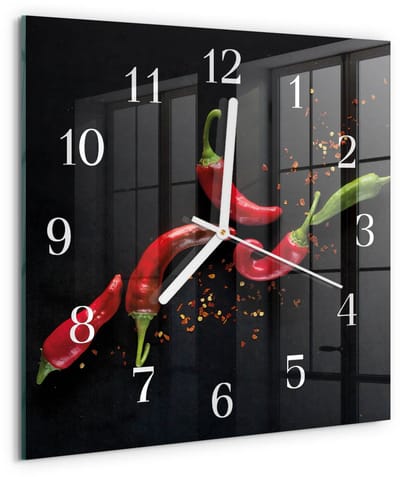 Tulup Wandklok - Chilipepers Glazen Klok Met Print - 30x30 cm - Zwart Moderne Glazen Wandklok - Witte Handen - Vierkante Wandklok - Glazen Wandklok Design - Klok Glas Met Opdruk