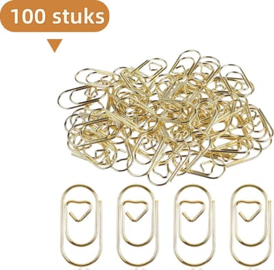 100 stuks - Onregelmatig gevormde paperclips - Metalen bladwijzers - Hartvormig ontwerp - Goudkleurig - Geschikt voor kantoordocumenten