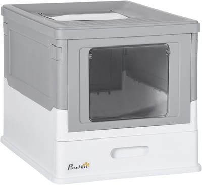 PawHut Kattenbak - 47 x 35 x 37 cm - Met Deksel + Desodorantbox - Wit + Grijs