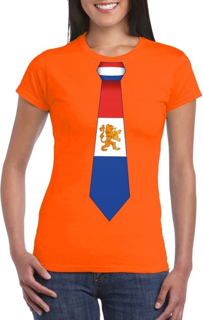 Oranje t-shirt met Hollandse vlag stropdas dames - Oranje Koningsdag/ Holland supporter kleding S