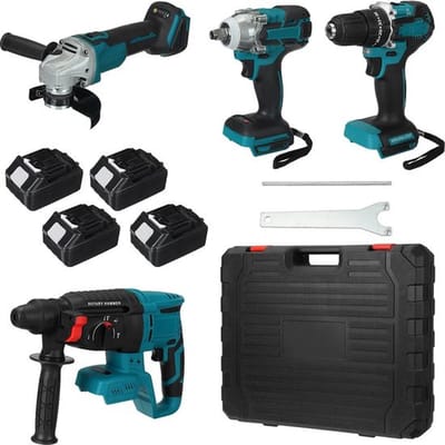 Professionele Elektrische Gereedschapsset – 4 in 1 Lithium Accu Set – Haakse Slijper – Schroefmachine – Moersleutel – Inclusief Oplader – Hele Set – Blauw
