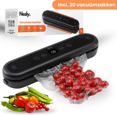 Nesly Vacumeermachine - Vacuüm Sealer - Plug & Play - met 20 x Vaccumzakken - Vacuümmachines - voor Groente, Fruit, Vlees, Vis en Ander Vers Voedsel - Zwart