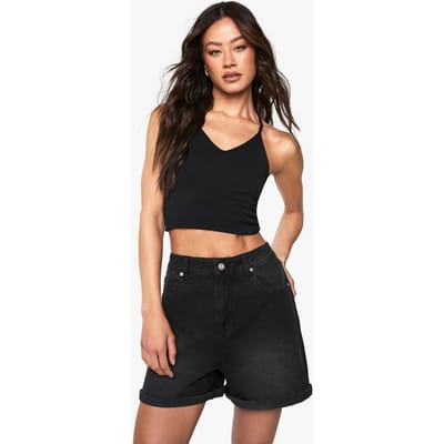 boohoo Dames Lange Denim Momshort | Washed Black | Maat: 44