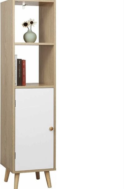 Boekenkast - 4 Lagen met Deur - Wit/Oak - Boekenplank voor Woonkamer, Slaapkamer en Kinderkamer - 33x30x133cm - Hout