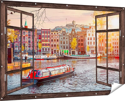 Gards Tuinposter Doorkijk Amsterdamse Huisjes vanaf de Grachten - 180x120 cm - Tuindoek - Tuindecoratie - Wanddecoratie buiten - Tuinschilderij