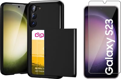 Hoesje geschikt voor Samsung Galaxy S23 met Pasjeshouder - Screen Protector GlassGuard - Back Cover SlideCase Zwart & Screenprotector