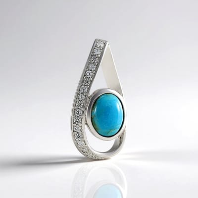 Cavill - Zilveren Hanger - 925 Sterling Zilver Platina Verguld - Blauwe Kingman Turkoois 0,98 ct Ovaal - 14 Zirkonia 0,18 ct - Elegant