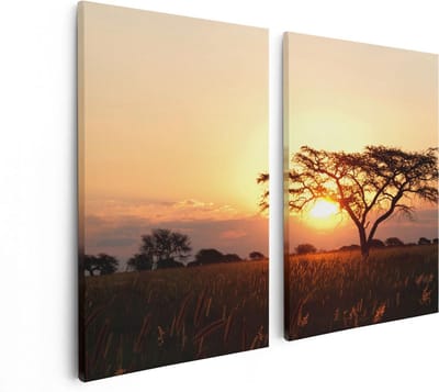 Artaza Canvas Schilderij Tweeluik Zonsondergang Achter Een Acacia Boom - 80x60 - Foto Op Canvas - Canvas Print