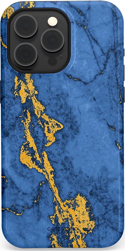 Casetastic hoesje geschikt voor Apple iPhone 15 Pro Max - MagSafe - Dubbellaagse bescherming - Koninklijk Marmer - Fashion Case - Blauw Goud