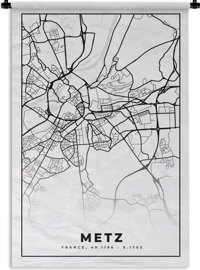 Wandkleed - Wanddoek - Frankrijk - Kaart - Metz - Plattegrond - Stadskaart - Zwart wit - 120x180 cm - Wandtapijt