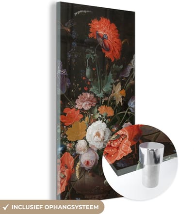 MuchoWow® Glasschilderij 20x40 cm - Schilderij acrylglas - Stilleven met bloemen en een horloge - Schilderij van Abraham Mignon - Foto op glas - Schilderijen
