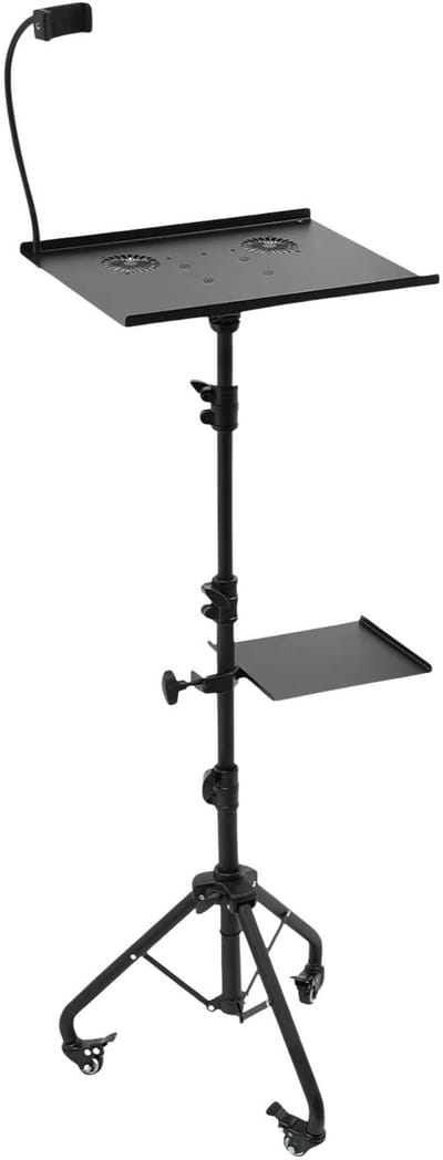 Projectorstandaard – Voor kantoor, vergaderruimte en thuisgebruik – in hoogte verstelbaar, vergrendelbare wielen, laptopbeugel, telefoonhouder en muislade, multifunctioneel – metaal, zwart