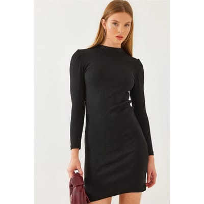 Geribbelde Jersey Mini-jurk met Ronde Hals