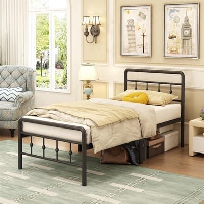 Metalen Bedframe 90x190 cm met Vintage Stijl Hoofdeinde en Voetenbord - Zwart
