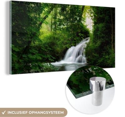 MuchoWow® Glasschilderij 40x20 cm - Schilderij acrylglas - Waterval - Natuur - Groen - Foto op glas - Schilderijen