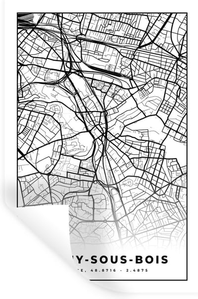 Muurstickers - Sticker Folie - Kaart - Plattegrond - Rosny-sous-Bois - Frankrijk - Stadskaart - Zwart wit - 20x30 cm - Plakfolie - Muurstickers Kinderkamer - Zelfklevend Behang - Zelfklevend behangpapier - Stickerfolie
