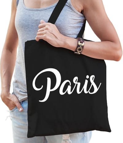 Katoenen Parijs/wereldstad tasje Paris zwart - 10 liter - steden cadeautas