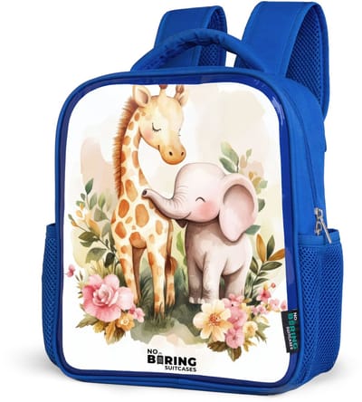 NoBoringSuitcases.com® - Rugzak blauw - Schooltas jongens - Giraffe en olifant tussen bloemen op witte achtergrond - Kinder rugtas jongen - Boekentas kind - Kinderrugzak voor school - Schoolrugzak