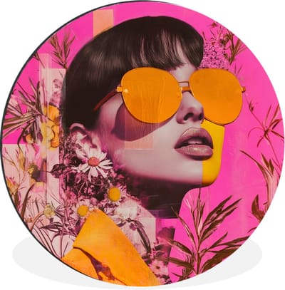 WallCircle - Wandcirkel - Muurcirkel - Zonnebril - Oranje - Vrouw - Planten - Aluminium - Dibond - 30x30 cm - Binnen en Buiten
