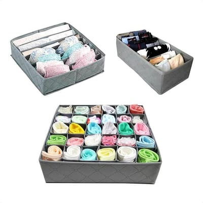 Buxibo Kleding Opbergbox Set - Opvouwbare Kastlade Verdeler / Onder Bed Organizer Opberger - BH/Sokken/Ondergoed - Opbergsysteem Met Vakken - 3 Stuks - Grijs