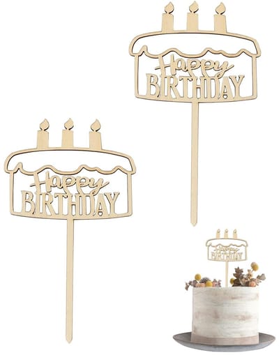 Dailygoods - 2 Stuks Houten Taartdecoratie - Happy Birthday Taarttopper