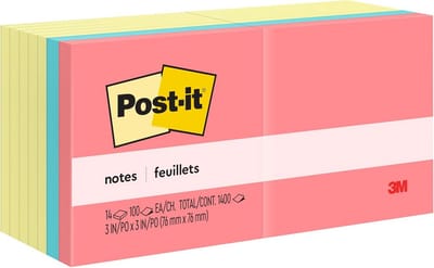Vierkante Sticky Notes 3 x 3 inch - 14 Pads met 100 Vellen - Felle Kleuren voor Planner, Studie en Kantoor - Guava, Aqua Splash, Canary Yellow
