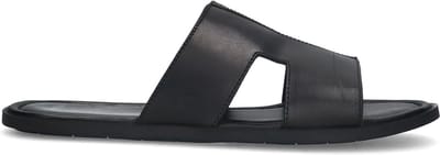 Manfield - Heren - Zwarte leren slippers - Maat 41