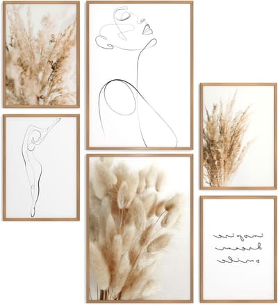 Poster Set - Wanddecoratie - Woonkamer Inrichten - Inclusief Houten Lijsten - 2x A3 4x A4 - Beige