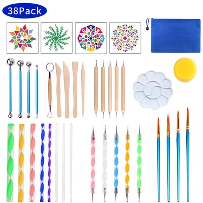 Set de Peinture DIY Pochoir Mandala Outils de Pointillage avec Sac de Rangement Bleu pour Cadeau d'Artisanat beige