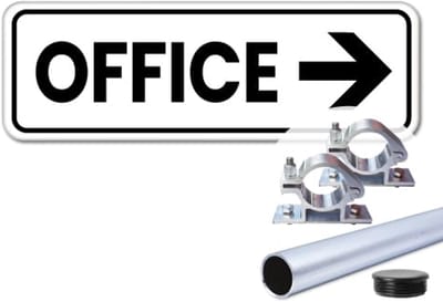 Bord Office pijl rechts - Weerbestendig Aluminium - 40x15 cm - Bevestiging: Met paal 120 cm + paalbeugels + paaldop