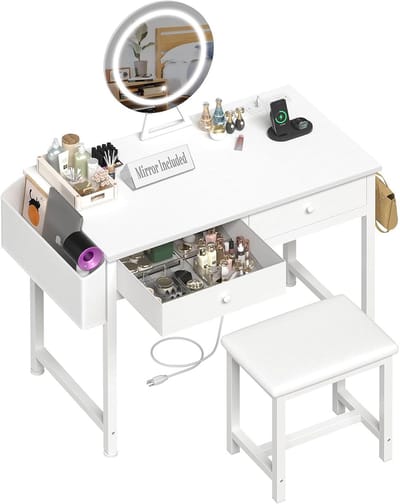 Witte Kaptafel met Spiegel, Verlichting en Kruk - Moderne Make-up Tafel met Stopcontact