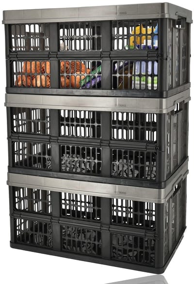 Vouwkrat 45 Liter – Set van 3 – Belastbaar tot 30 KG – Opvouwbare Kratten – Inklapbare Boodschappenkrat – Verhuisdoos Alternatief – Stapelbaar – 53,1 x 37 x 27 cm – Zwart
