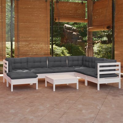 vidaXL - 8-delige - Loungeset - met - kussens - massief - grenenhout - wit