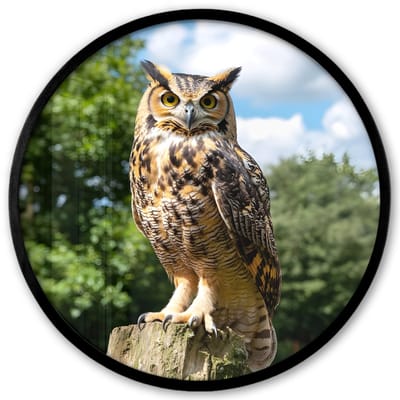 Poster in lijst Rond - Fotolijst 40x40 cm - Posters - Uil - Boomstronk - Bos - Lucht - Ronde posterlijst zwart - Decoratie - Wanddecoratie woonkamer - Muurdecoratie slaapkamer