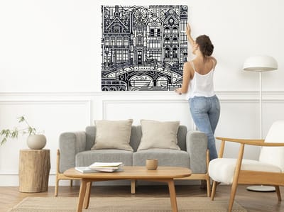 Line art amsterdam schilderij | Cityscape of Amsterdam: A Line Art Masterpiece in Monochrome | Kunst - 50x50 centimeter op Dibond | Foto op Dibond