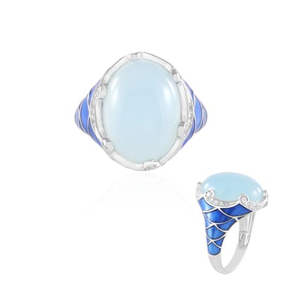 Cavill - 9 Ct Blauwe Chalcedoon Ovaal Cabochon Ring - 925 Sterling Zilver Geplateerd - Sprankelende Zirkonia - Handgemaakte Elegante Sieraad