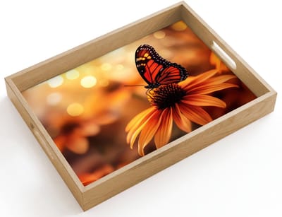 Dienblad hout 40x30 cm - Schootdienblad - Vlinder - Bloemen - Oranje - Borrelplank rechthoek - Plateau dienbladen