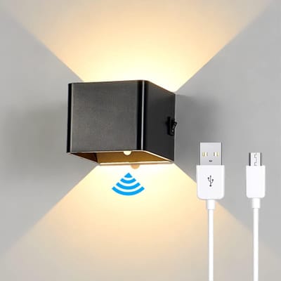 Wandlamp met bewegingsmelder en oplaadbaar - 5W - 3000K warmwit - Batterij Wandlamp - zwart - slaapkamer woonkamer trap hal