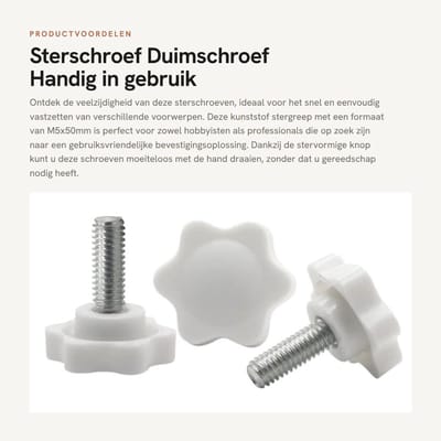 Dailygoods - Sterschroef - Duimschroef - Handig in gebruik - M5x50mm - Kunststof klemknop - Bevestigingsoplossing - 10 stuks